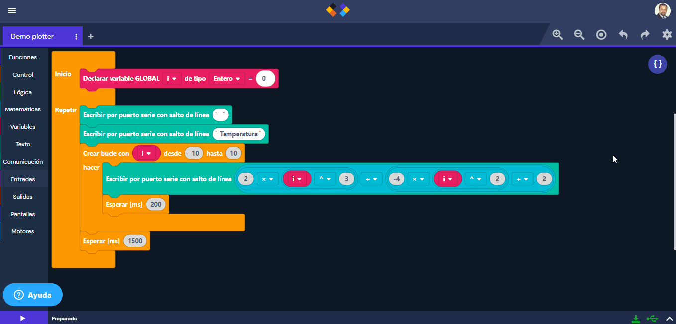 👩\u200d🏫 👨\u200d🏫 Plotter - Usar el graficador de la consola serial – Ayuda -  EDUCABOT, image size:1358x651